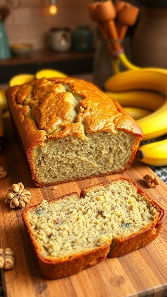 Freshly baked banana bread in an 8x8 pan, with a slice cut and ripe bananas beside it.